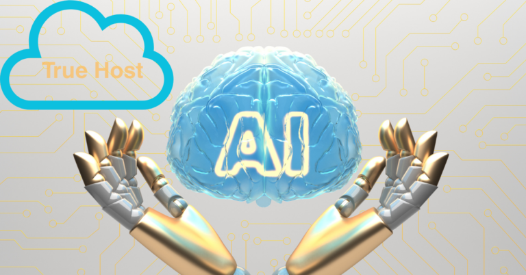 A depiction of a brain and the word AI on it and robotic hand holding on it with open palms