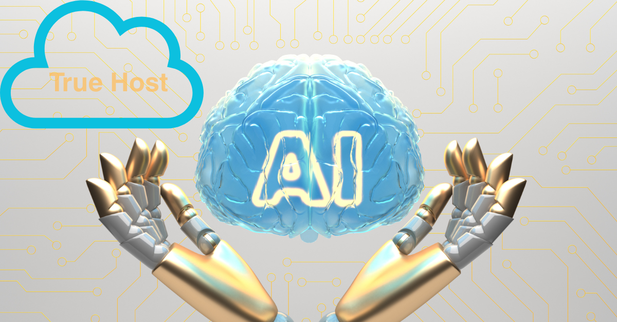 A depiction of a brain and the word AI on it and robotic hand holding on it with open palms