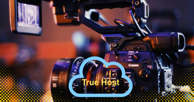 A content making camera in the background and the Truehost logo in the fore ground