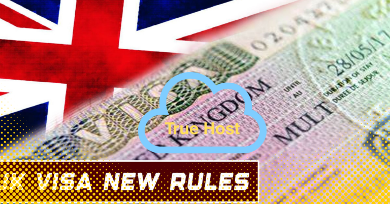Shows the UK visa, with the inscription UK Visa new rules in the background and in the foreground is the Truehost logo