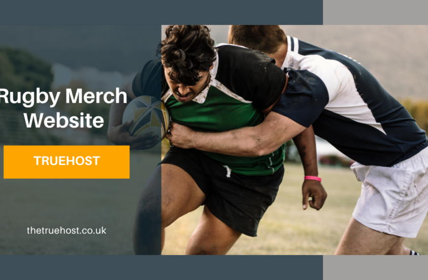Shows two rugby players on it, the title rugby merch and the truehost uk link