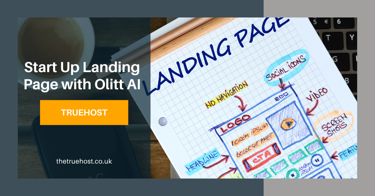 Shows the landing page design going on and the title startup landing page with olitt ai