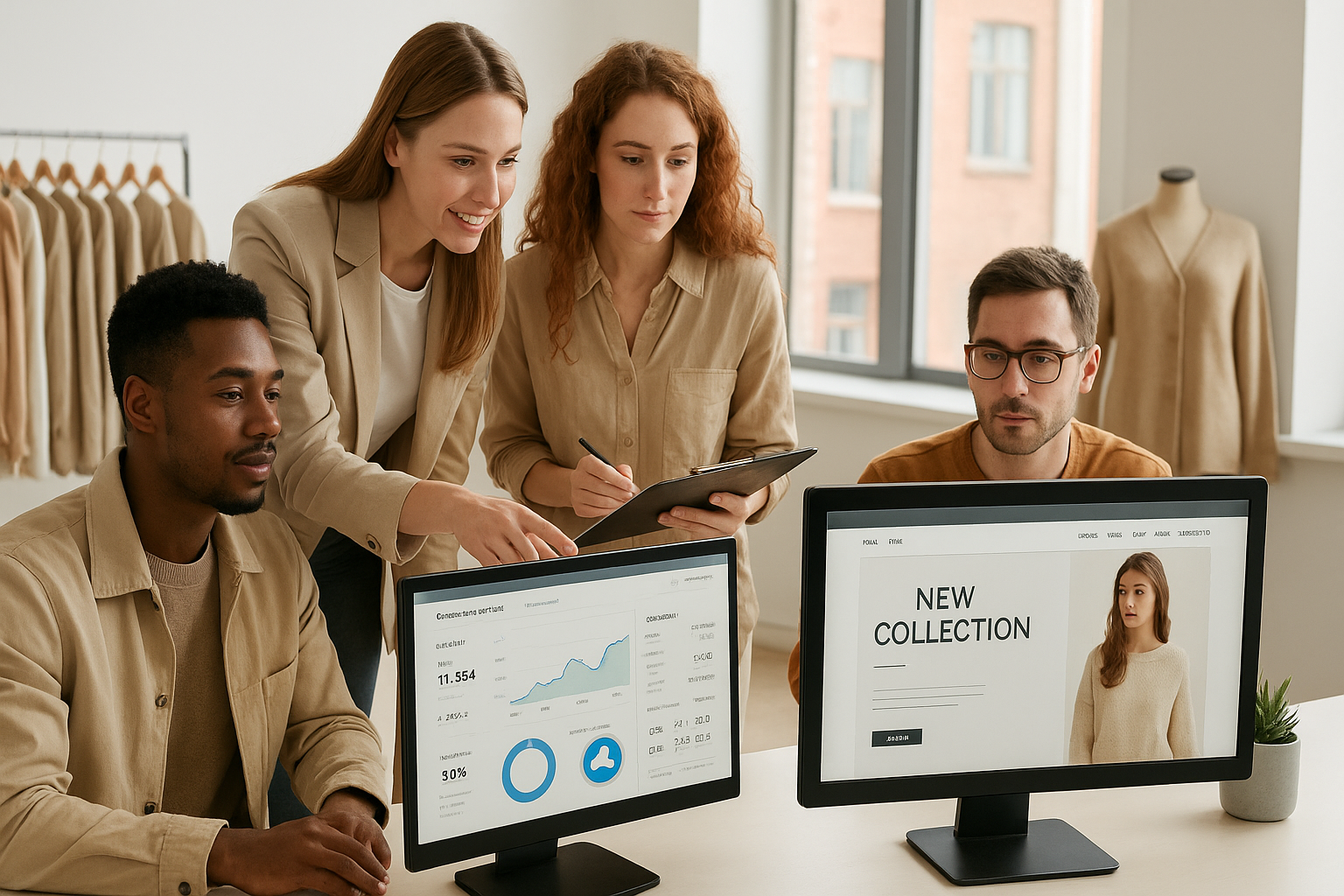 A modern UK fashion design team collaborating in a bright London studio, with multiple monitors showing e-commerce dashboards and website analytics, professional photography, clean aesthetic