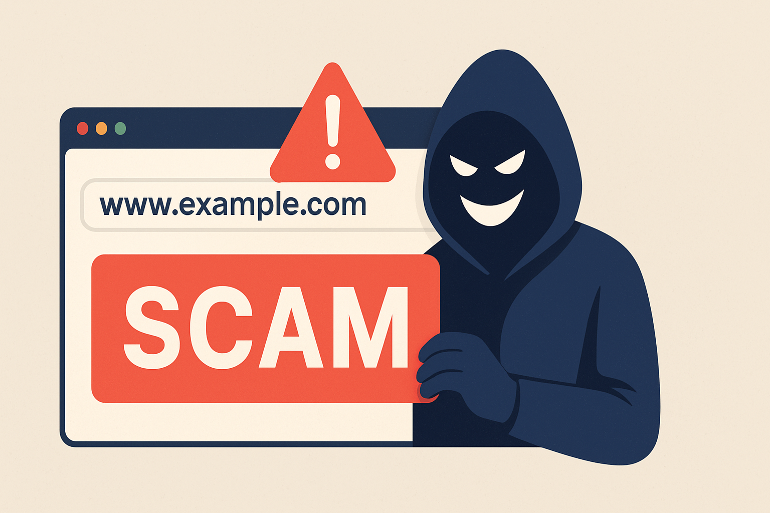 Illustration showing a dark-hooded hacker holding a red “SCAM” sign in front of a fake website address, symbolizing domain name scams and online fraud.- how to protect your domain name