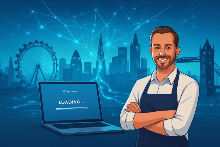 AI-powered website hosting transforming UK business digital presence with intelligent technology in London cityscape