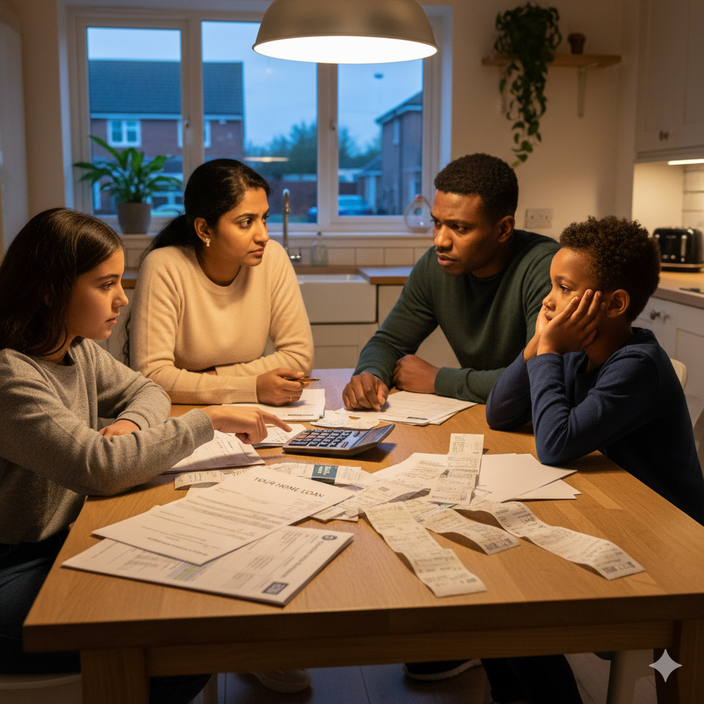 British family reviewing household bills during UK cost of living crisis
