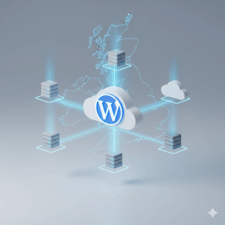Sleek website performance dashboard showing fast loading speeds and uptime metrics, laptop screen displaying WordPress admin panel with green checkmarks and performance graphs, speed indicators showing 99.99 percent uptime-showing what cloud hosting is.