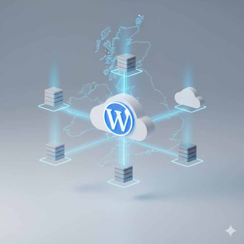 Sleek website performance dashboard showing fast loading speeds and uptime metrics, laptop screen displaying WordPress admin panel with green checkmarks and performance graphs, speed indicators showing 99.99 percent uptime-showing what cloud hosting is.