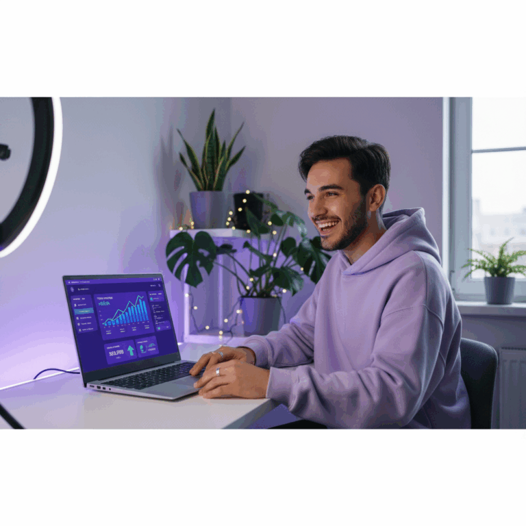 "Gen Z entrepreneur making money from reseller hosting business on laptop with revenue dashboard"