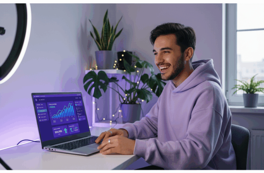 "Gen Z entrepreneur making money from reseller hosting business on laptop with revenue dashboard"