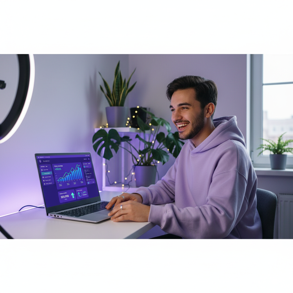 "Gen Z entrepreneur making money from reseller hosting business on laptop with revenue dashboard"