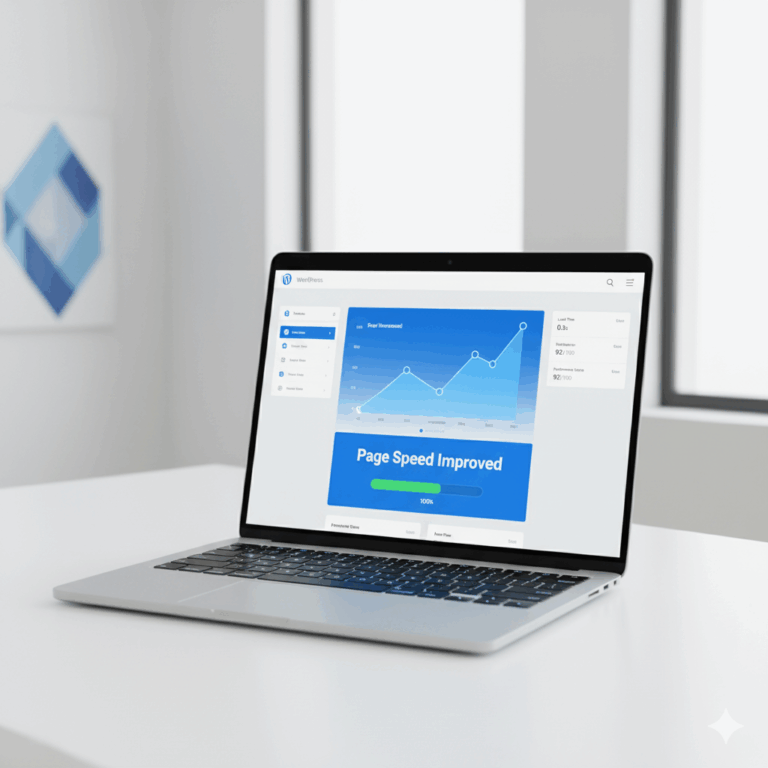 laptop showing a WordPress performance dashboard with improved speed metrics and optimization charts. and how to speed up your wordpress site
