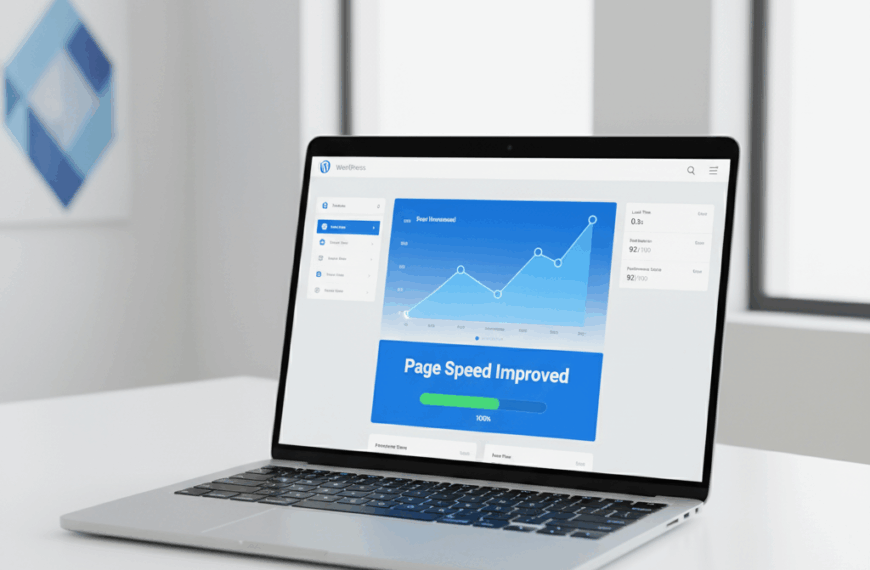 laptop showing a WordPress performance dashboard with improved speed metrics and optimization charts. and how to speed up your wordpress site
