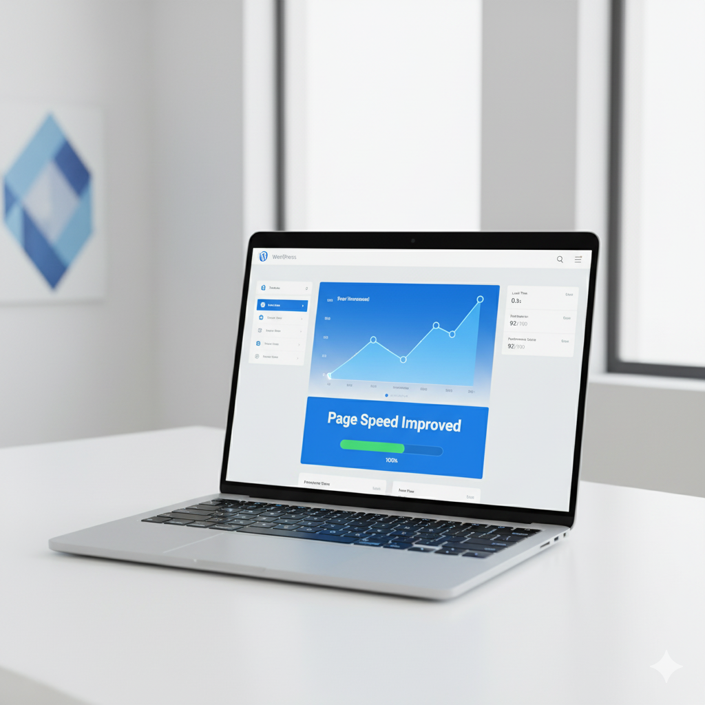 laptop showing a WordPress performance dashboard with improved speed metrics and optimization charts. and how to speed up your wordpress site