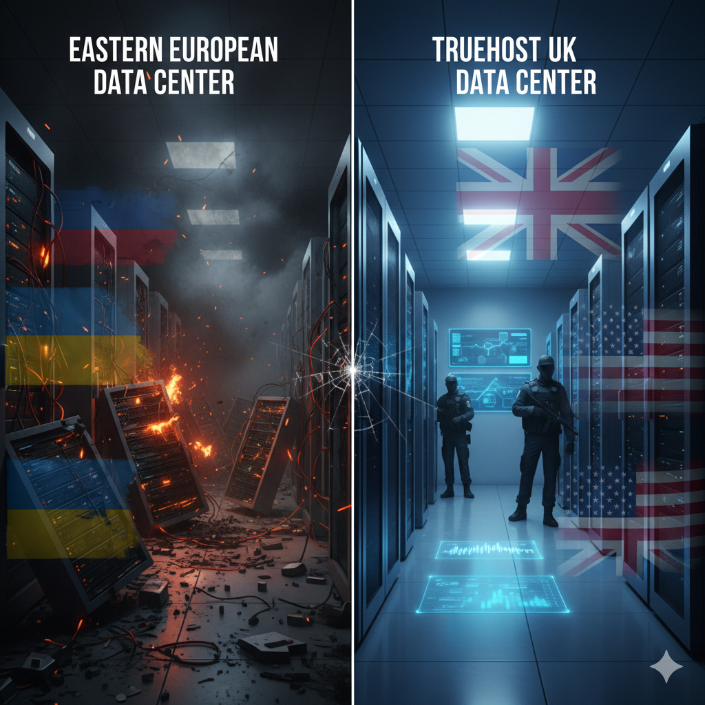 UK business owner choosing secure Western VPS hosting over damaged Eastern European data centers after Russia-Ukraine war