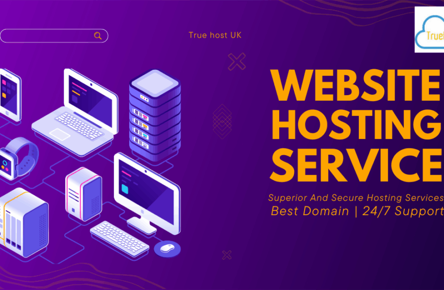 webhosting services in a post with laptops,server and a desktop