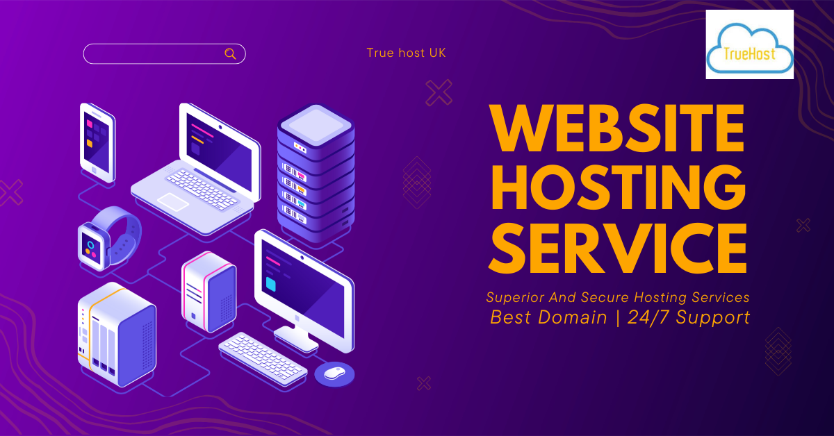 webhosting services in a post with laptops,server and a desktop