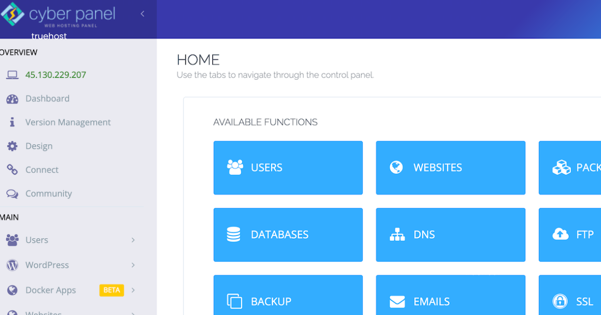 Screenshot of CyberPanel control panel dashboard showing site, DNS, email, SSL, backup and security controls”