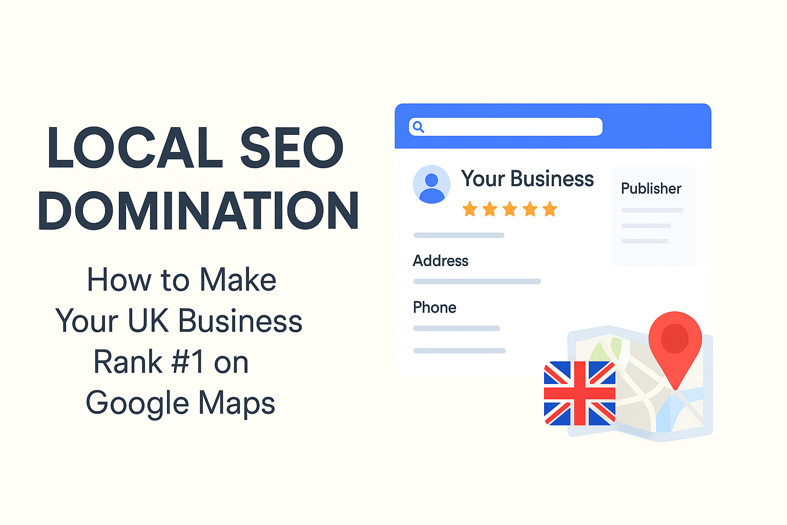 Modern illustration showing a UK business profile on Google Maps with a location pin and UK flag, representing Local SEO success.”