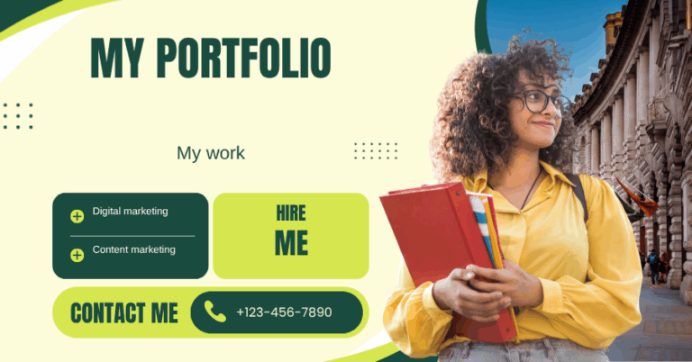 A lady holding files and dispalying her portfolio on a portfolio website