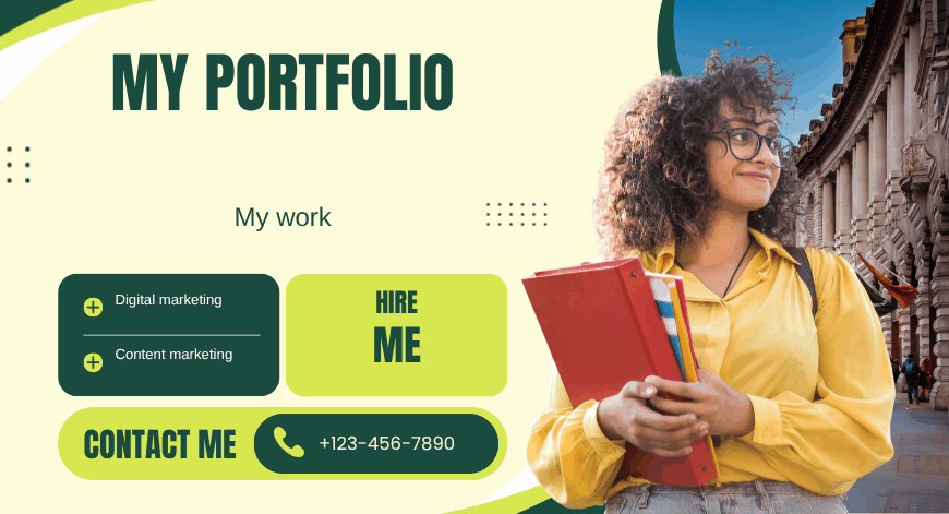 A lady holding files and dispalying her portfolio on a portfolio website