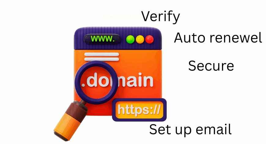 a laptop and magnifying lens with domain name and steps to verify the domain