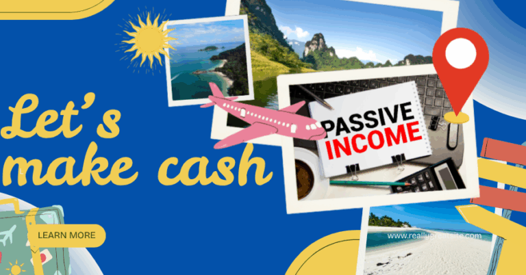 an aeroplane with a passive income banner over a huge water body