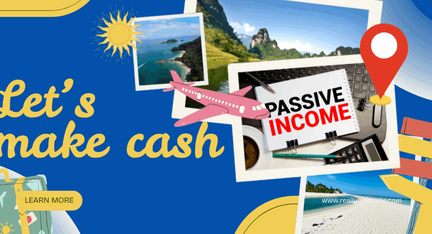 an aeroplane with a passive income banner over a huge water body