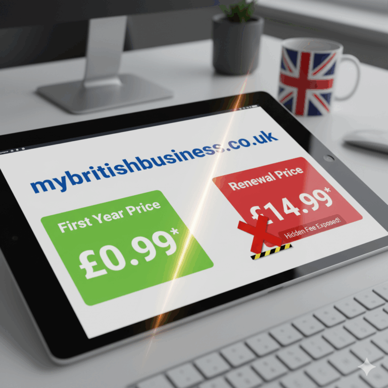 A digital screen shows a low first-year ".co.uk" domain price, but a hidden, much higher renewal price is subtly revealed with a warning sign, representing exposed hidden .co.uk domain fees.