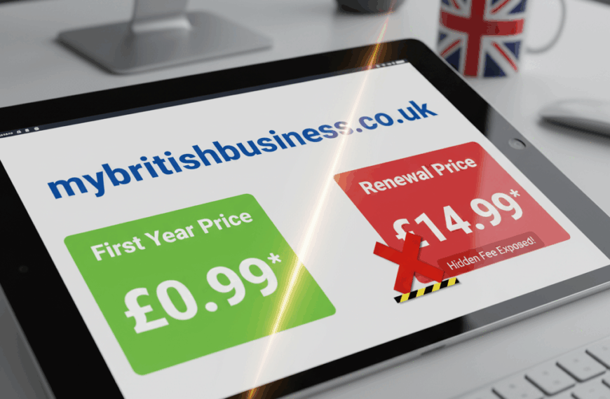 A digital screen shows a low first-year ".co.uk" domain price, but a hidden, much higher renewal price is subtly revealed with a warning sign, representing exposed hidden .co.uk domain fees.