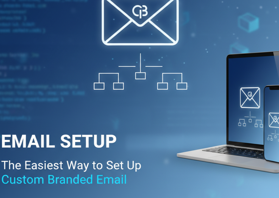 Illustration of a glowing white email envelope icon with a small 'CB' (Custom Branded) logo, connected by a simple flow chart to three blank squares, displayed over a dark blue background with faint code elements. The image also shows a laptop and a smartphone mirroring the email setup graphic, emphasizing modern digital branding and easy setup