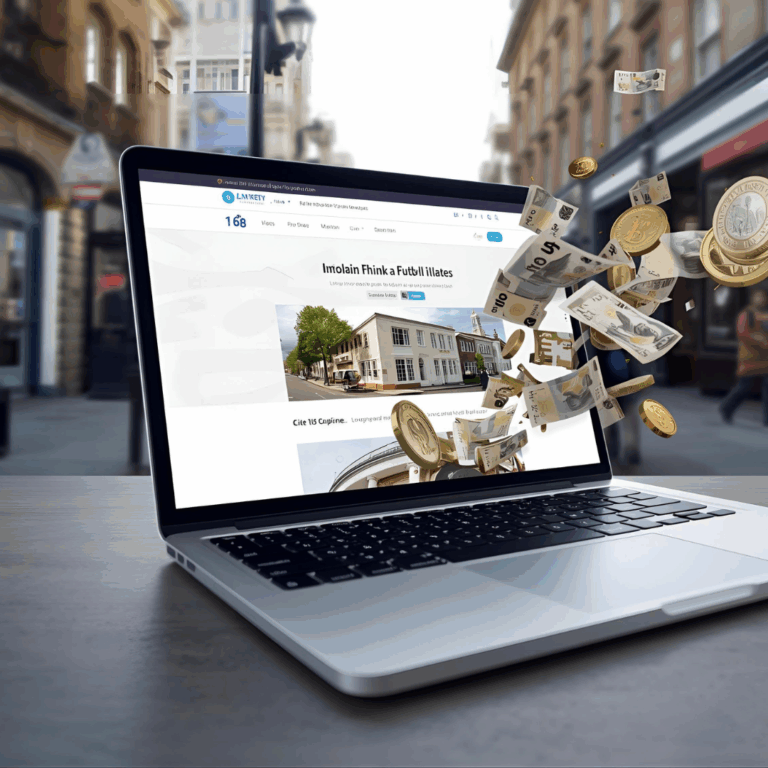 A laptop screen showcasing a modern website builder interface with British Pound notes dynamically flying outwards, symbolizing accessible financial opportunity. In the blurred background, a UK cityscape or high street subtly grounds the digital concept in a local context, representing the ease of starting a side hustle with just a domain and a website builder.