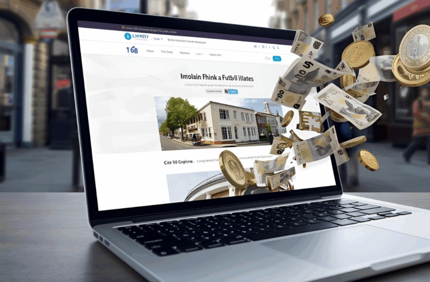 A laptop screen showcasing a modern website builder interface with British Pound notes dynamically flying outwards, symbolizing accessible financial opportunity. In the blurred background, a UK cityscape or high street subtly grounds the digital concept in a local context, representing the ease of starting a side hustle with just a domain and a website builder.