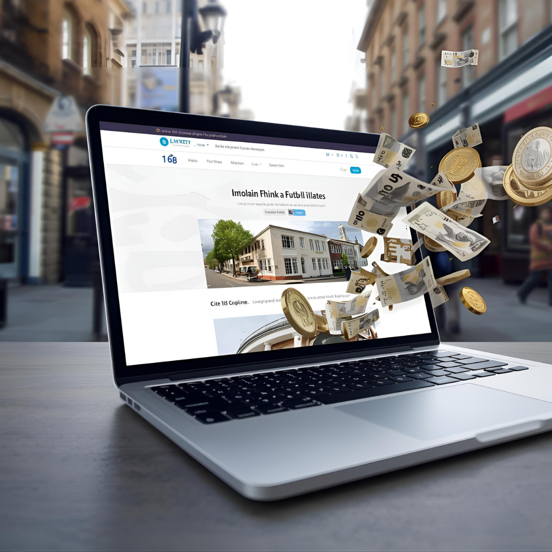 A laptop screen showcasing a modern website builder interface with British Pound notes dynamically flying outwards, symbolizing accessible financial opportunity. In the blurred background, a UK cityscape or high street subtly grounds the digital concept in a local context, representing the ease of starting a side hustle with just a domain and a website builder.