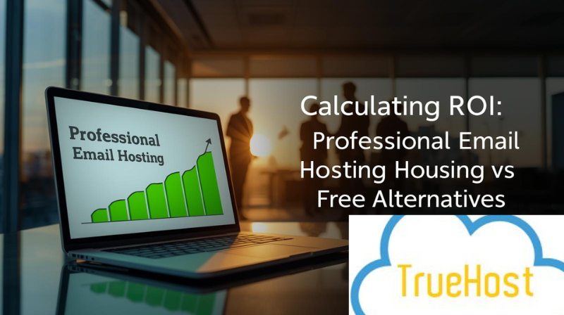 Featured image showing ROI growth with professional email hosting using Truehost at sunrise in modern office