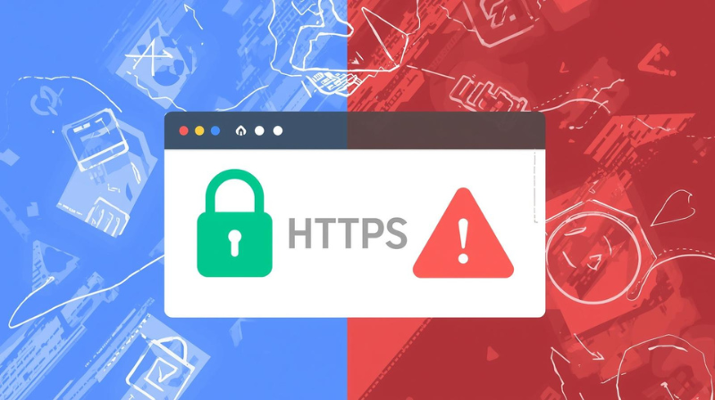 ![Split screen showing secure website with green padlock and HTTPS versus insecure site with warning symbol, backup files floating in background](alt text: Comparison image of secure HTTPS website with green padlock versus unsecure HTTP site with red warning, cloud backup storage in background)