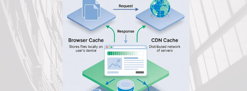 Caching illustration showing stored website files loading instantly.”