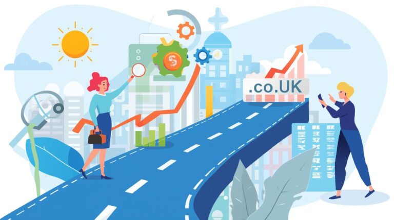 A digital art illustration depicting a stylized roadmap leading to a ".co.uk" domain name,