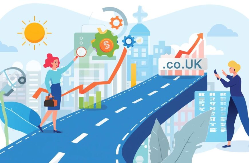 A digital art illustration depicting a stylized roadmap leading to a ".co.uk" domain name,