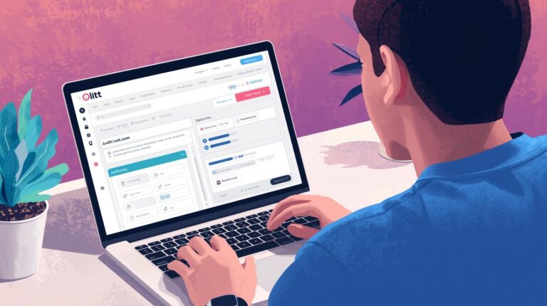 A person diligently working on a laptop, designing a website using Olitt AI, with a clean and modern user interface visible on the screen, rendered in a digital art style with a vibrant color palette and a focus on user experience.