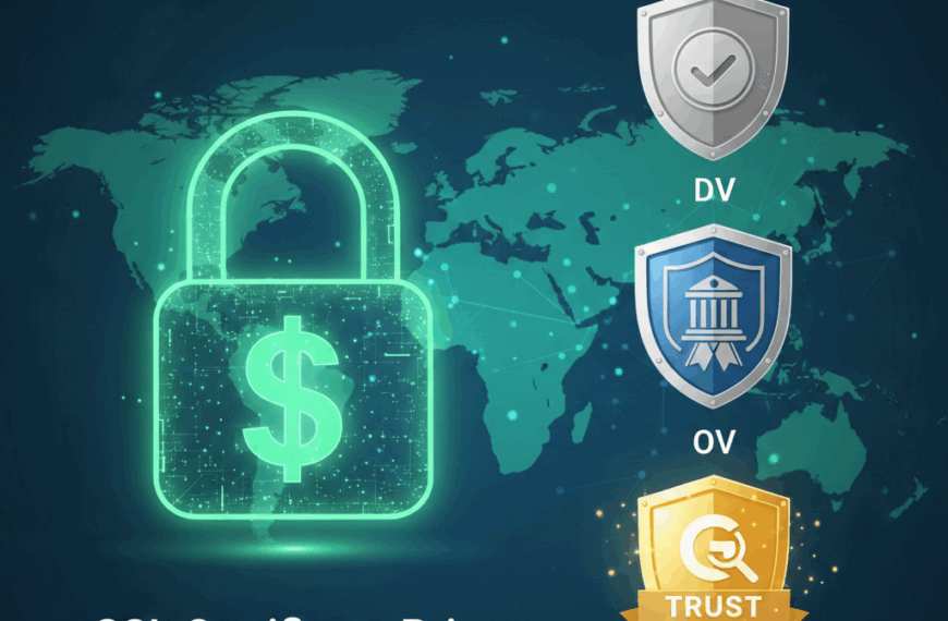 A vibrant, conceptual image illustrating digital security and trust. On the left, a green padlock icon prominently displays a dollar sign ($), representing the cost and value of SSL certificates.