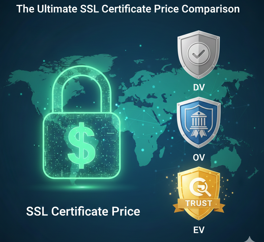 A vibrant, conceptual image illustrating digital security and trust. On the left, a green padlock icon prominently displays a dollar sign ($), representing the cost and value of SSL certificates.