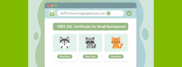“A clean website browser showing a green padlock next to HTTPS, soft lighting, modern flat-style illustration, simple colors, friendly look, representing a free SSL certificate for small business websites.”